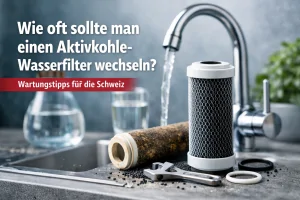 Neuer und gebrauchter Aktivkohle-Wasserfilter neben einem Küchenwasserhahn – Symbolbild für Filterwechsel und Wartung in der Schweiz