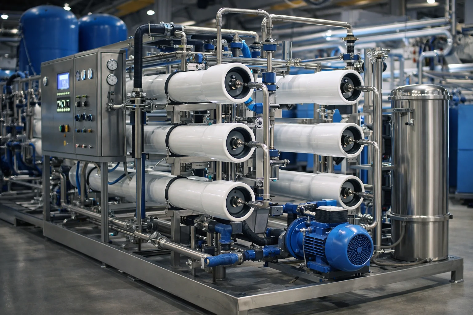 Industrielle Umkehrosmoseanlage mit Membranmodulen, Edelstahlrahmen und Steuerungseinheit zur Wasseraufbereitung in Gewerbe und Industrie